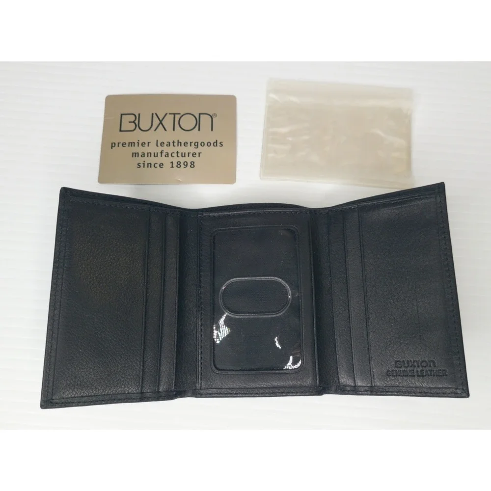 Buxton Trifold Wallet Mens Black Leather ID Window Credit Card Holder‎ NEW